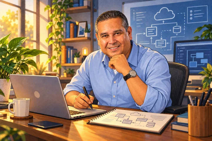 An imagined illustration of Manuel working in an engineering studio
