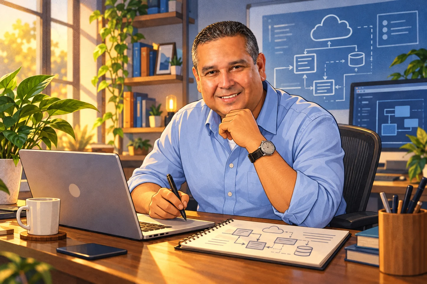 An imagined illustration of Manuel working in an engineering studio
